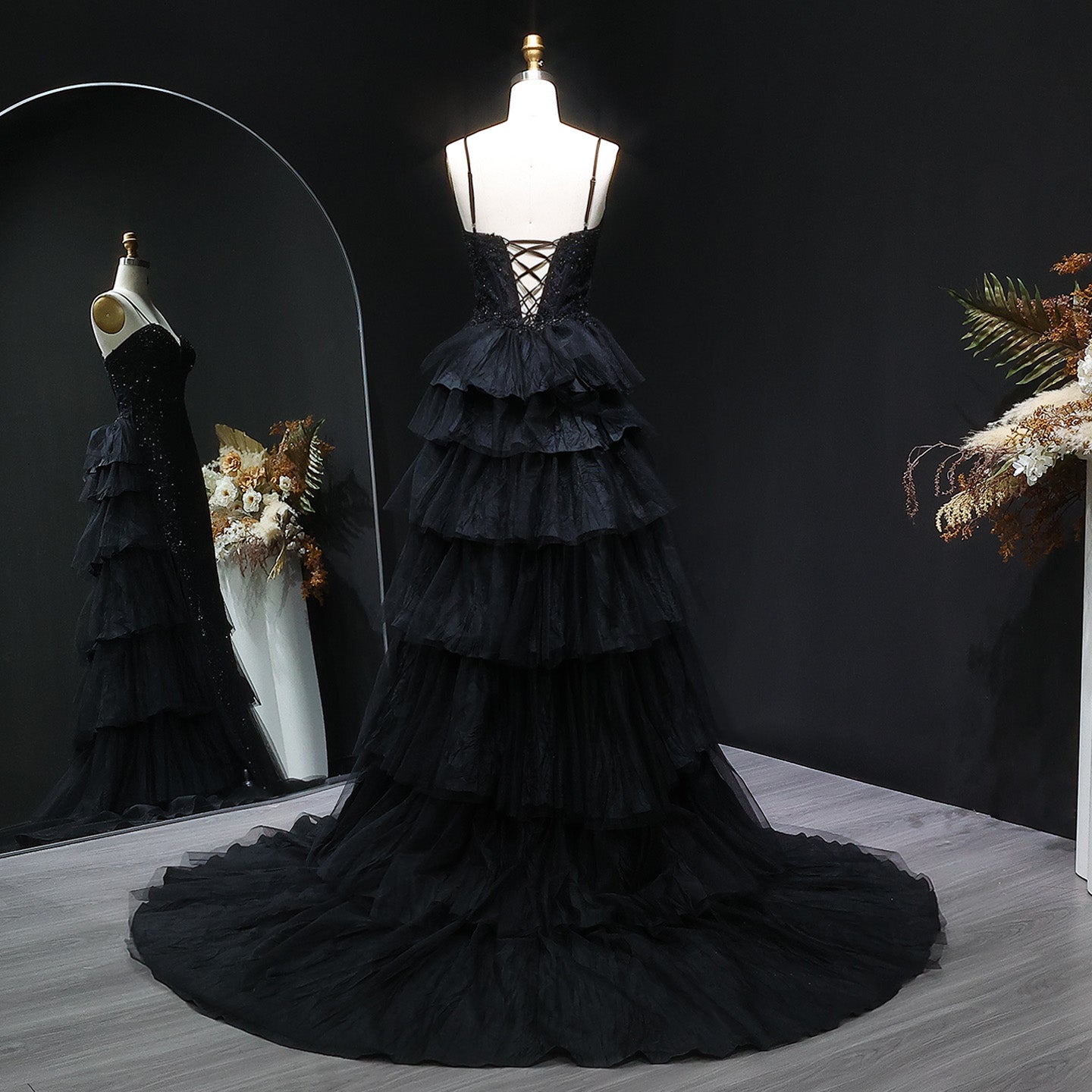 Luxury Beaded Black Evening Dress with Shoulder Strap and Overskirt SH324