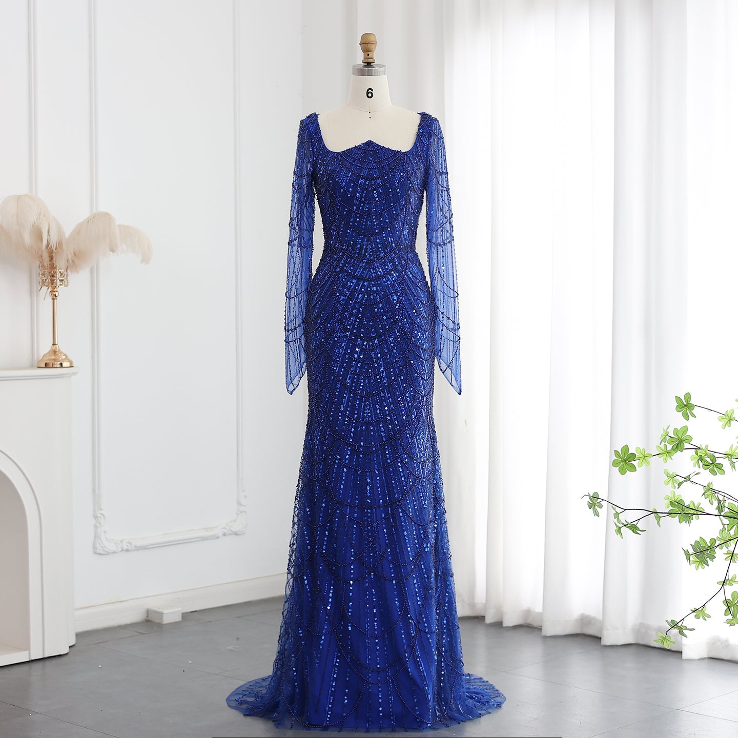 Luxury Beaded Champagne Long Sleeves Mermaid Evening Dress SS686