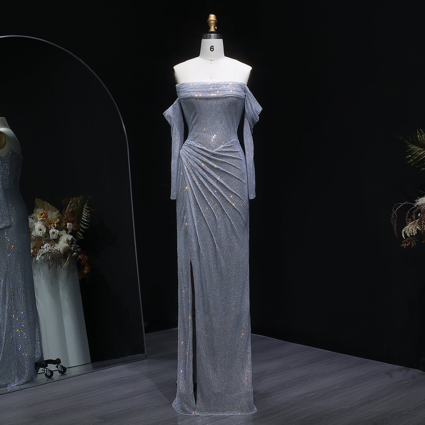 Luxury Sequin Beaded Silver Evening Dress with Slit SH548