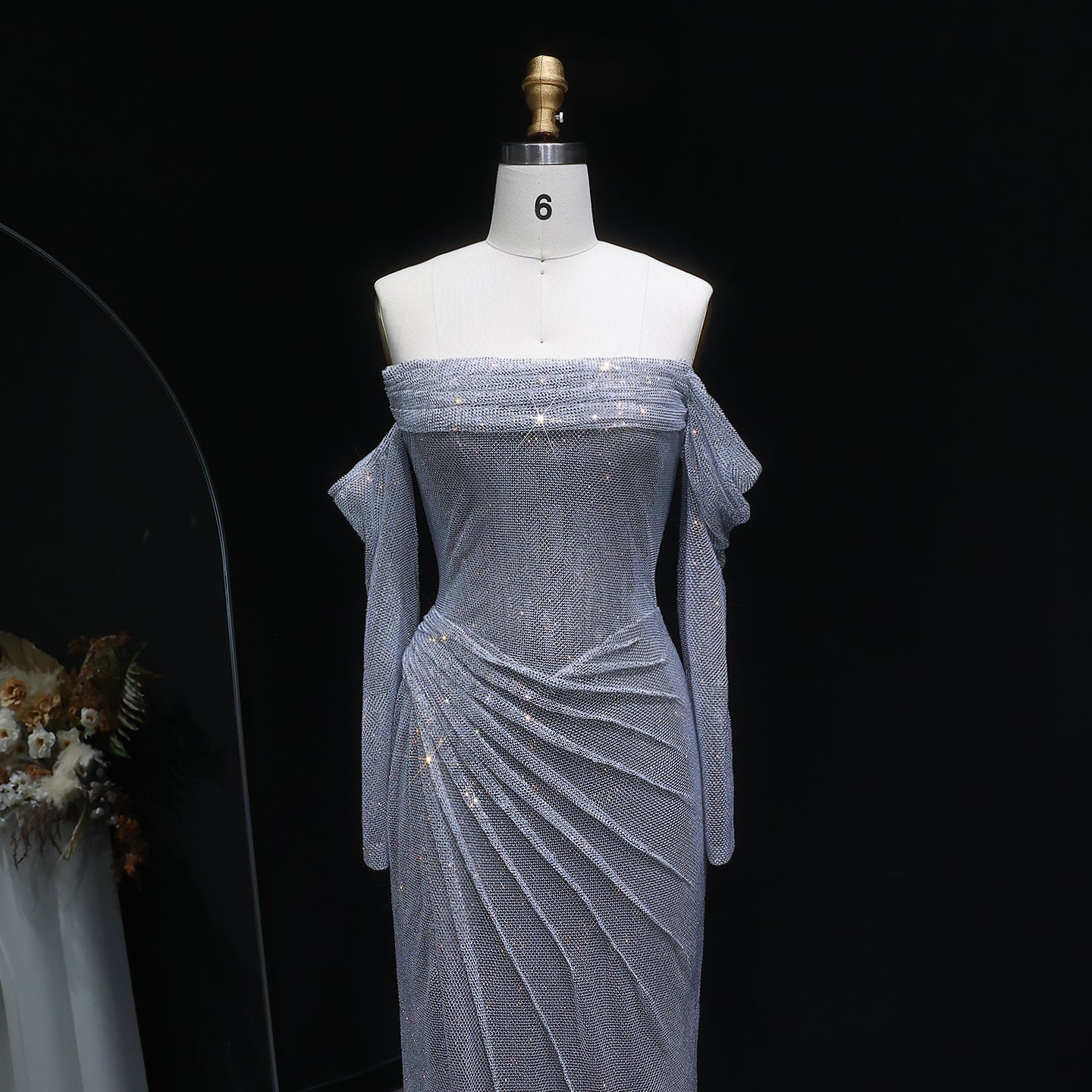 Luxury Sequin Beaded Silver Evening Dress with Slit SH548