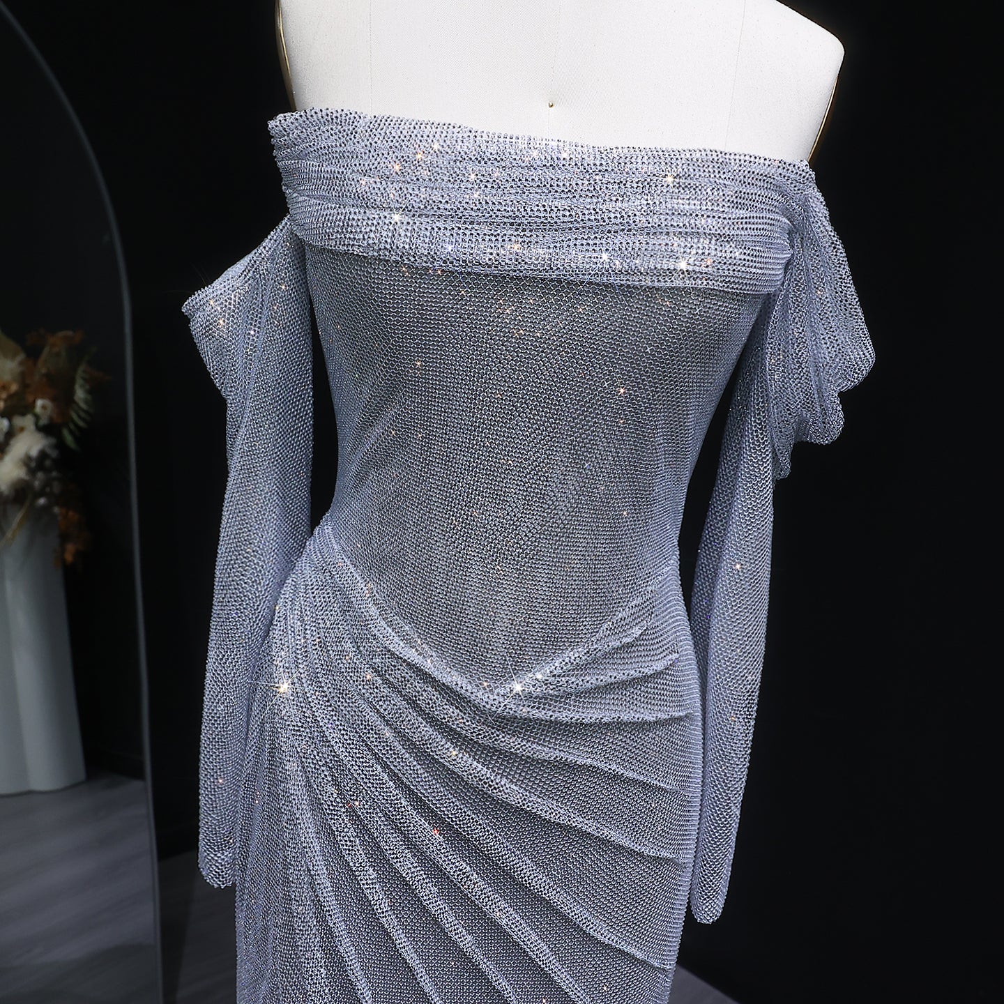Luxury Sequin Beaded Silver Evening Dress with Slit SH548