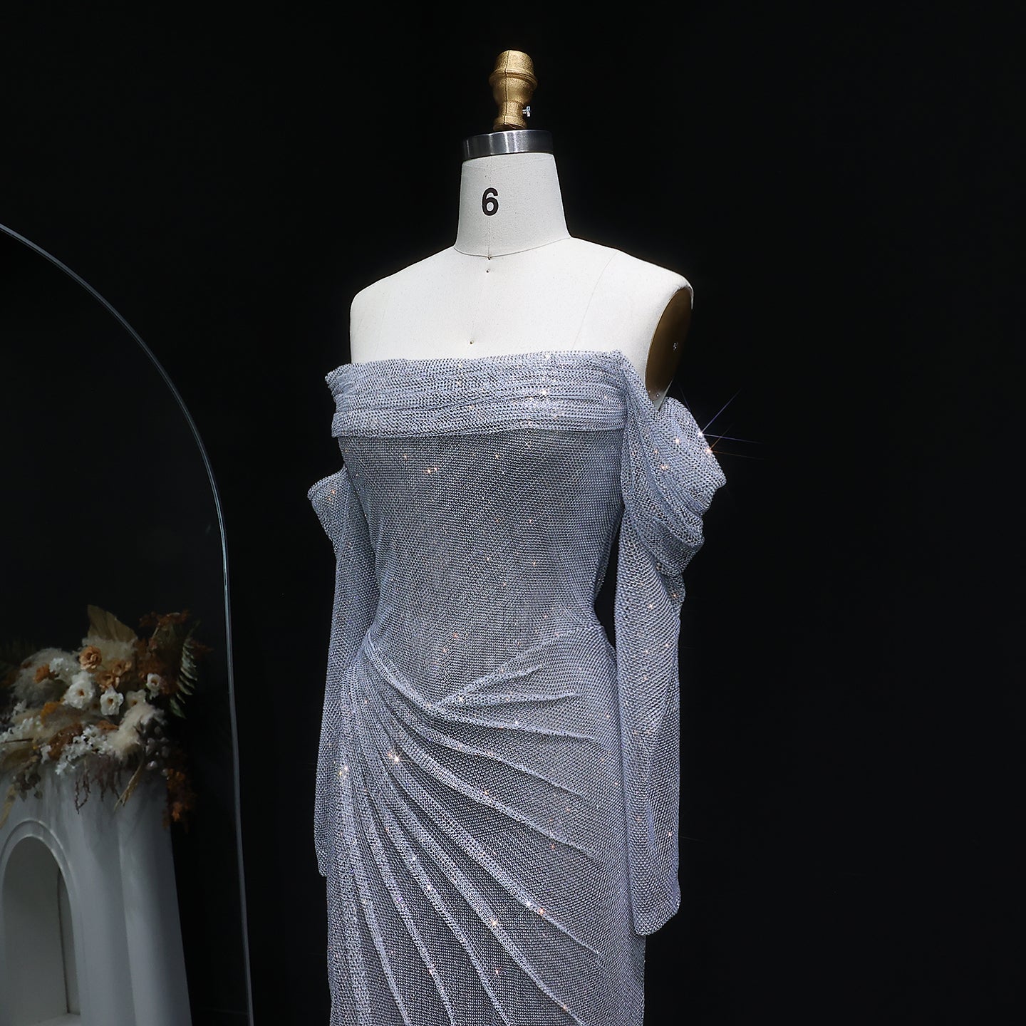 Luxury Sequin Beaded Silver Evening Dress with Slit SH548