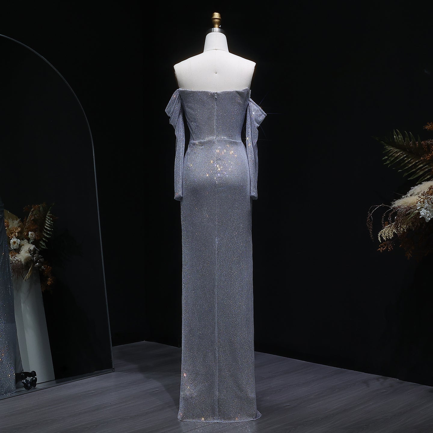 Luxury Sequin Beaded Silver Evening Dress with Slit SH548