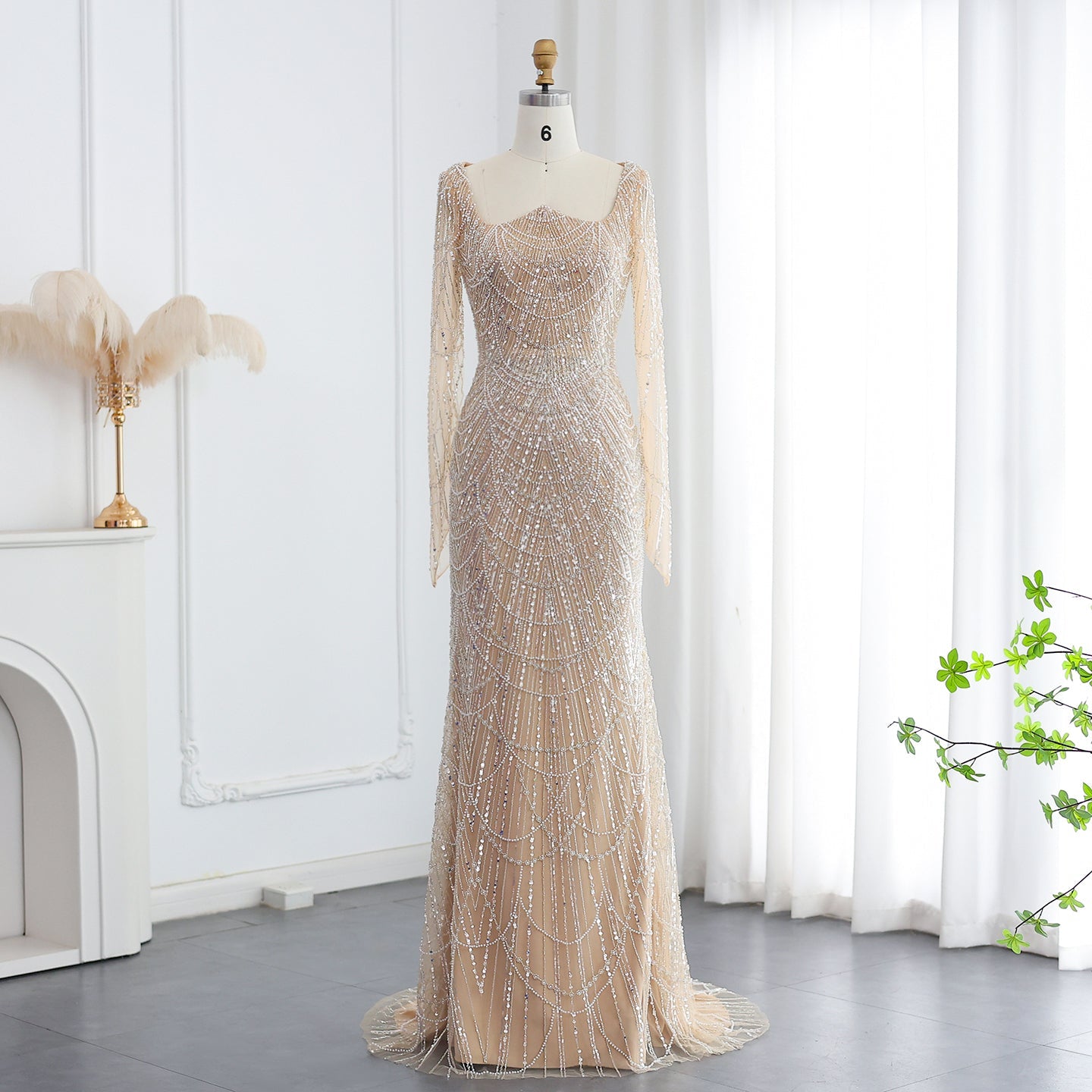 Luxury Beaded Champagne Long Sleeves Mermaid Evening Dress SS686