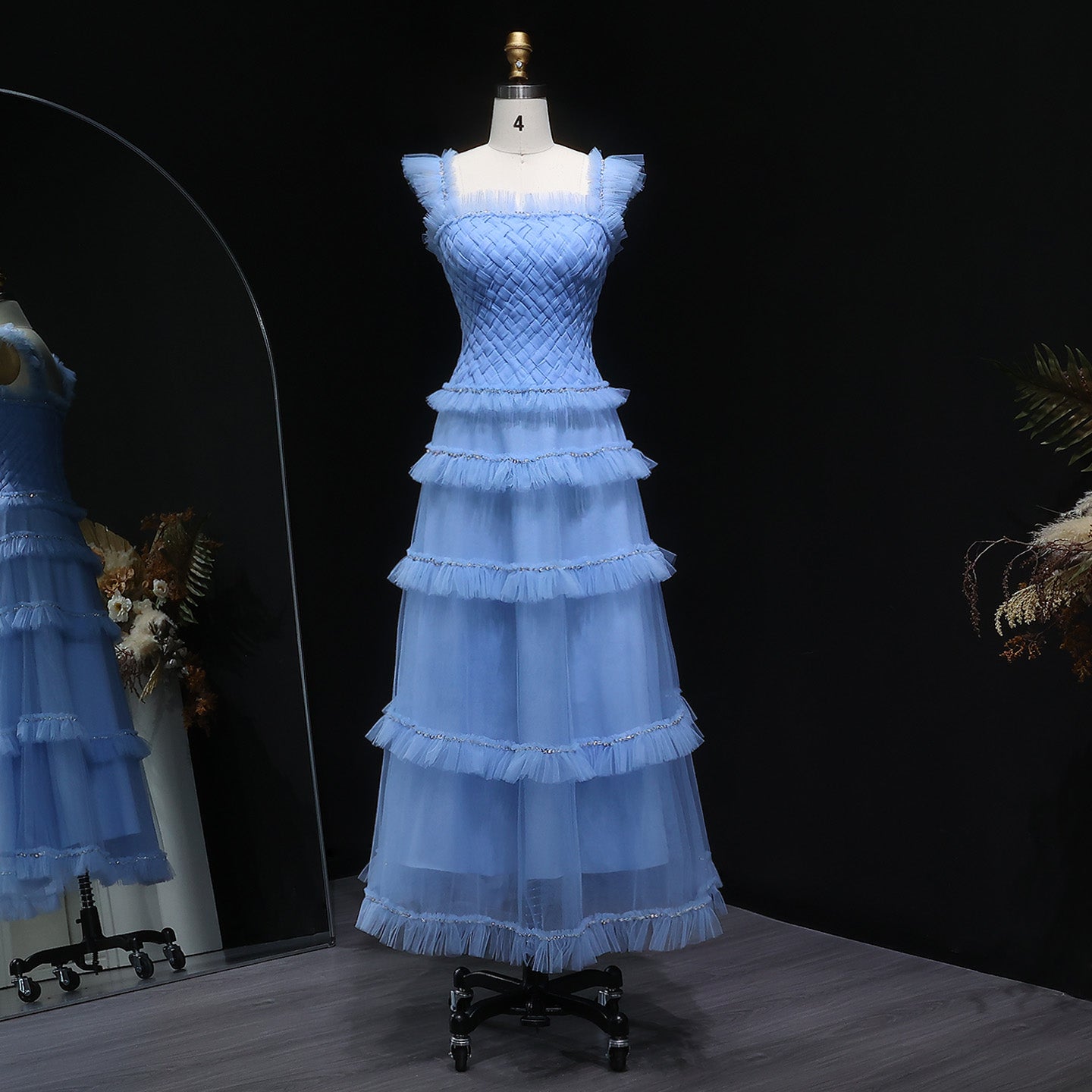 Formal Ruffled Woven Tulle Tiered Maxi Evening Gown SF298