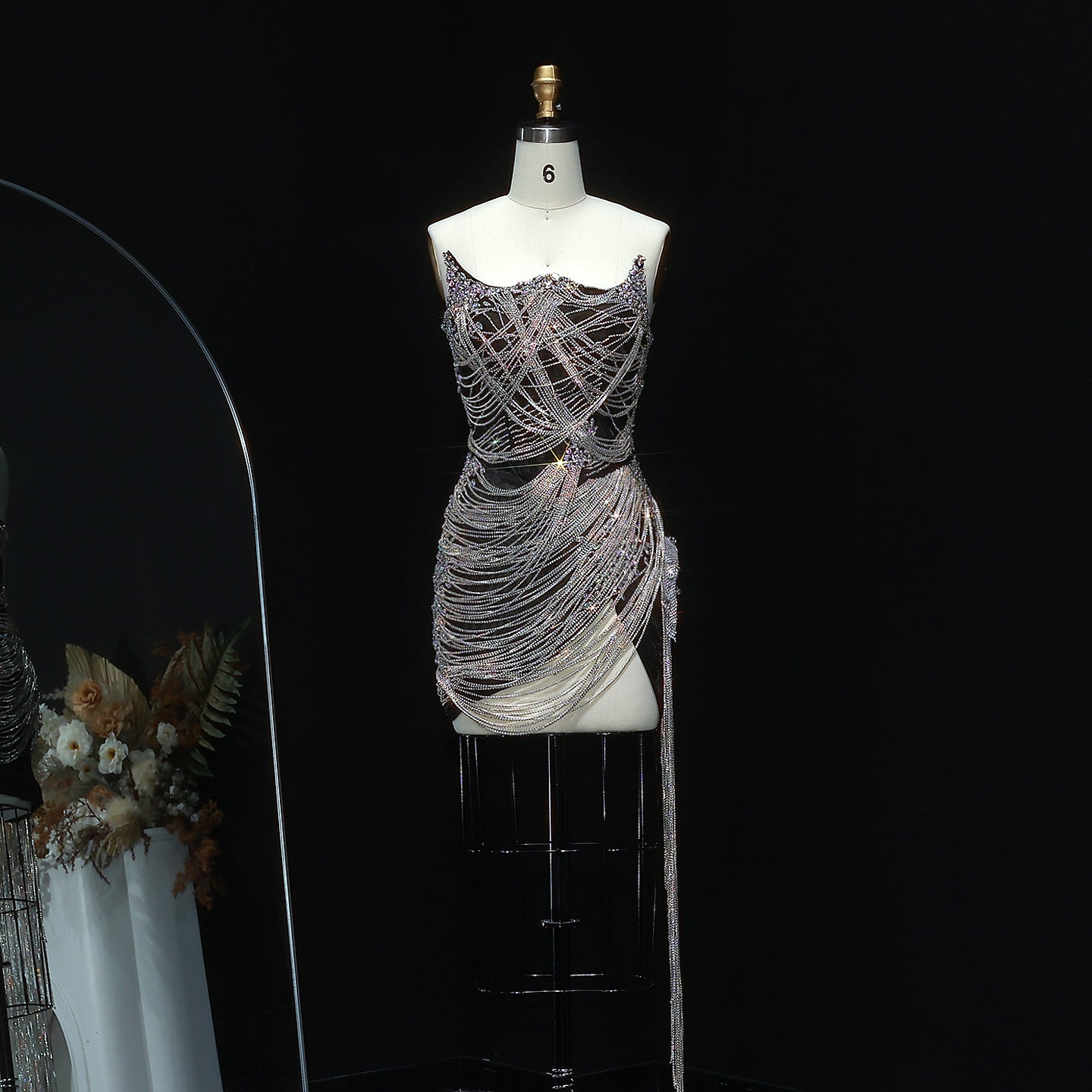 Asymmetric Sparkly Silver Rhinestone Strapless Mini Party Gown RM012
