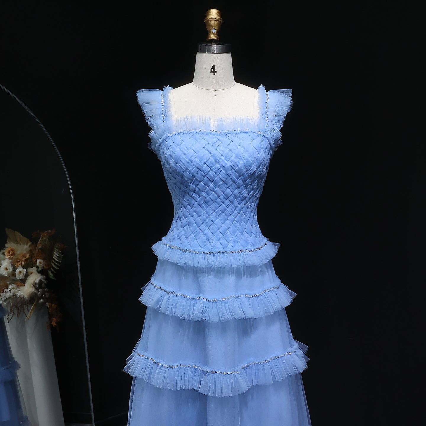 Formal Ruffled Woven Tulle Tiered Maxi Evening Gown SF298