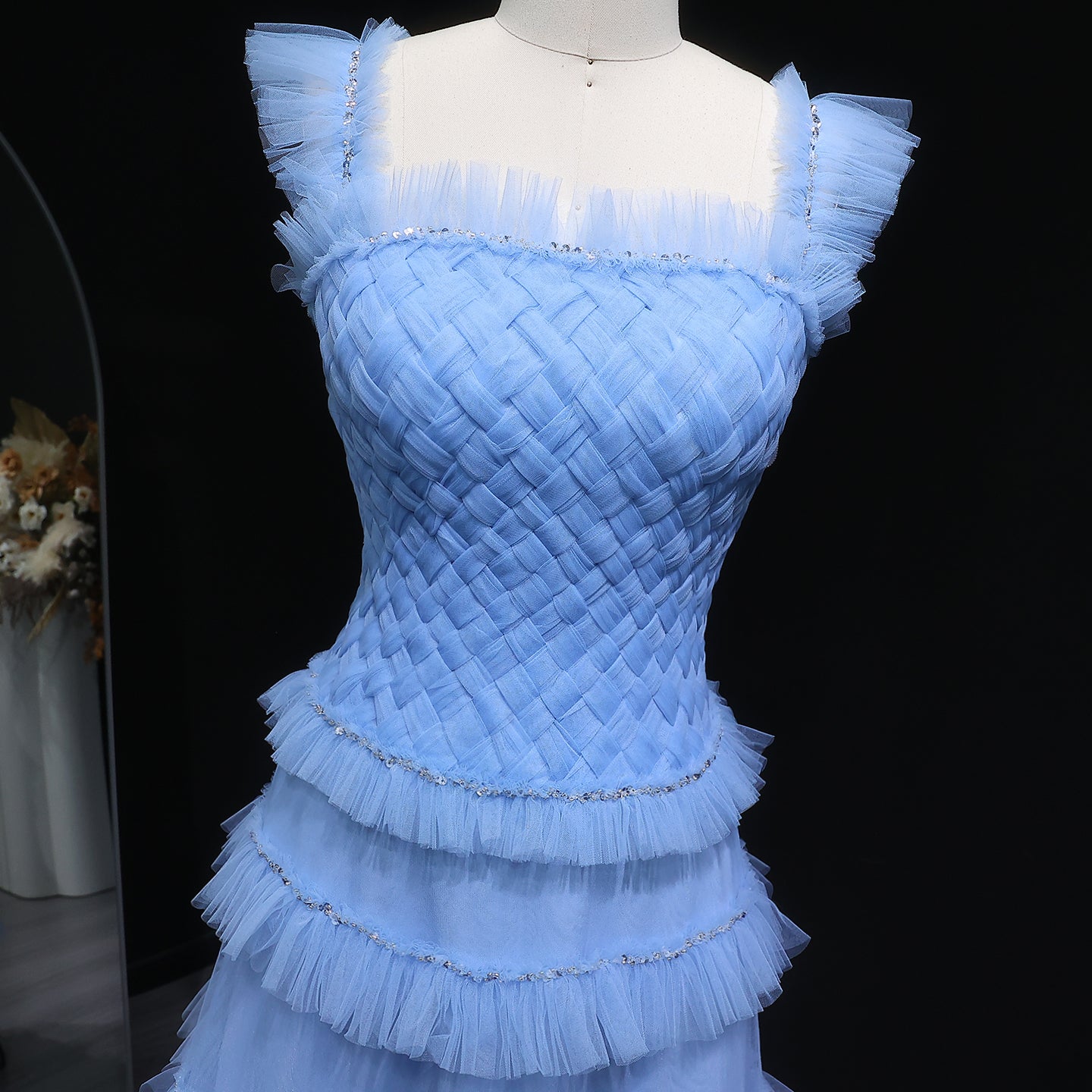 Formal Ruffled Woven Tulle Tiered Maxi Evening Gown SF298