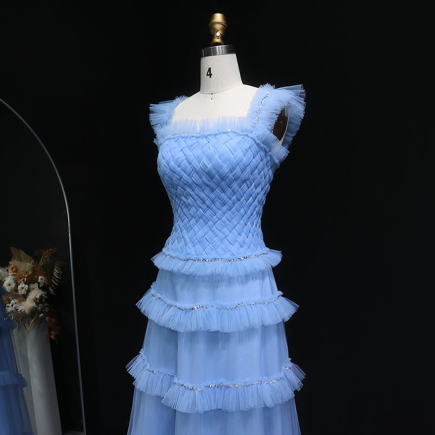 Formal Ruffled Woven Tulle Tiered Maxi Evening Gown SF298