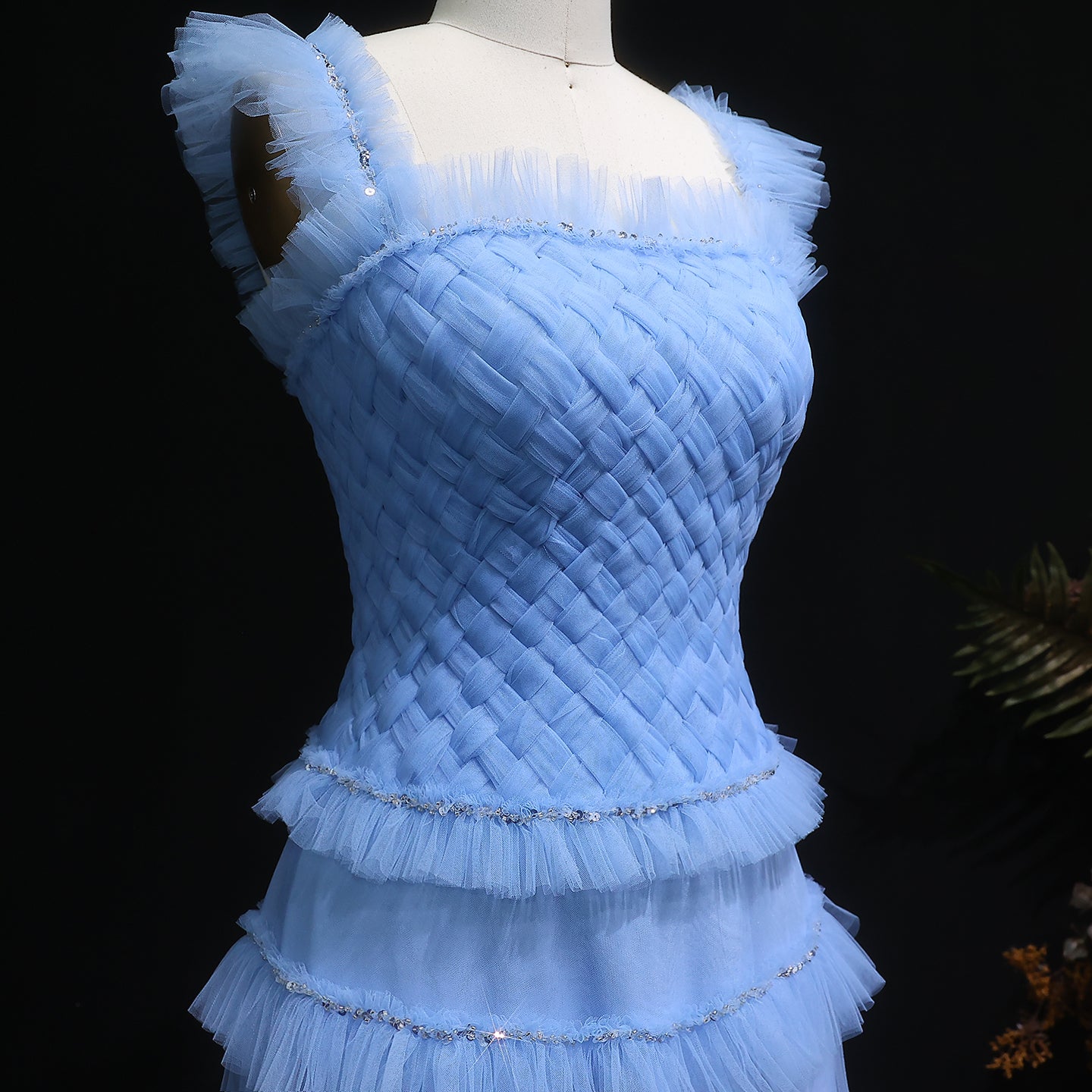 Formal Ruffled Woven Tulle Tiered Maxi Evening Gown SF298