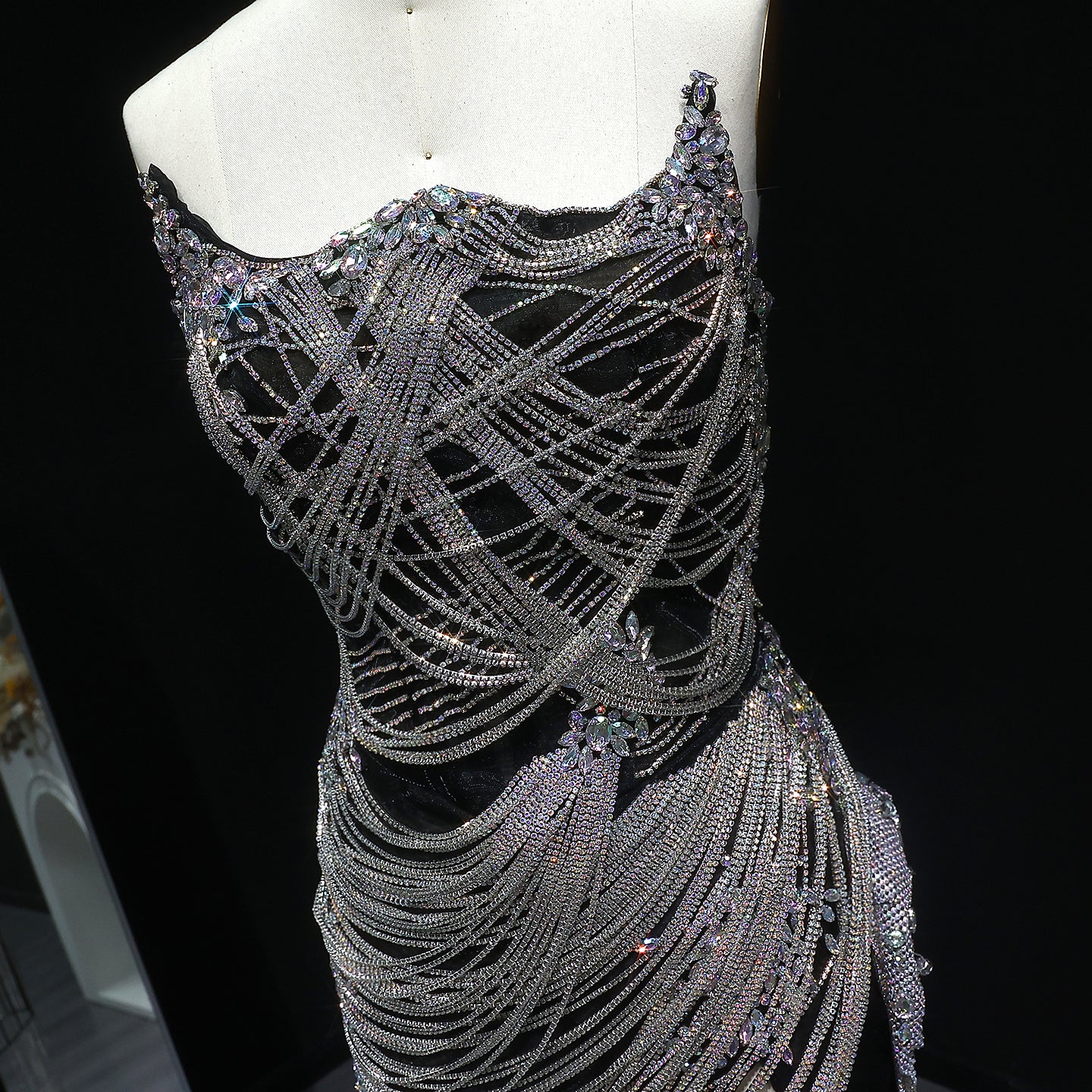 Asymmetric Sparkly Silver Rhinestone Strapless Mini Party Gown RM012