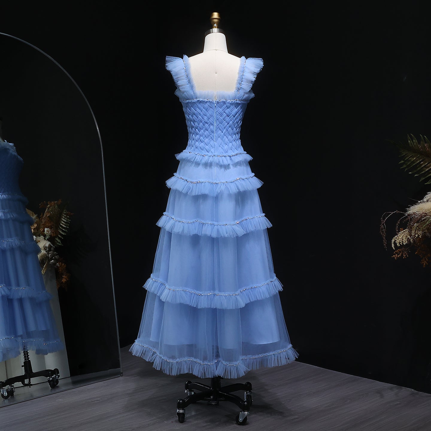 Formal Ruffled Woven Tulle Tiered Maxi Evening Gown SF298