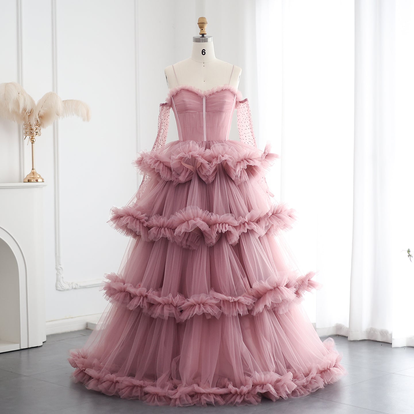Burgundy Tulle Tiered Ruffles Evening Dresses with Gloves SF472
