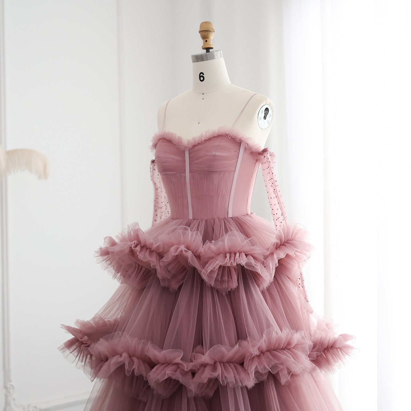Burgundy Tulle Tiered Ruffles Evening Dresses with Gloves SF472