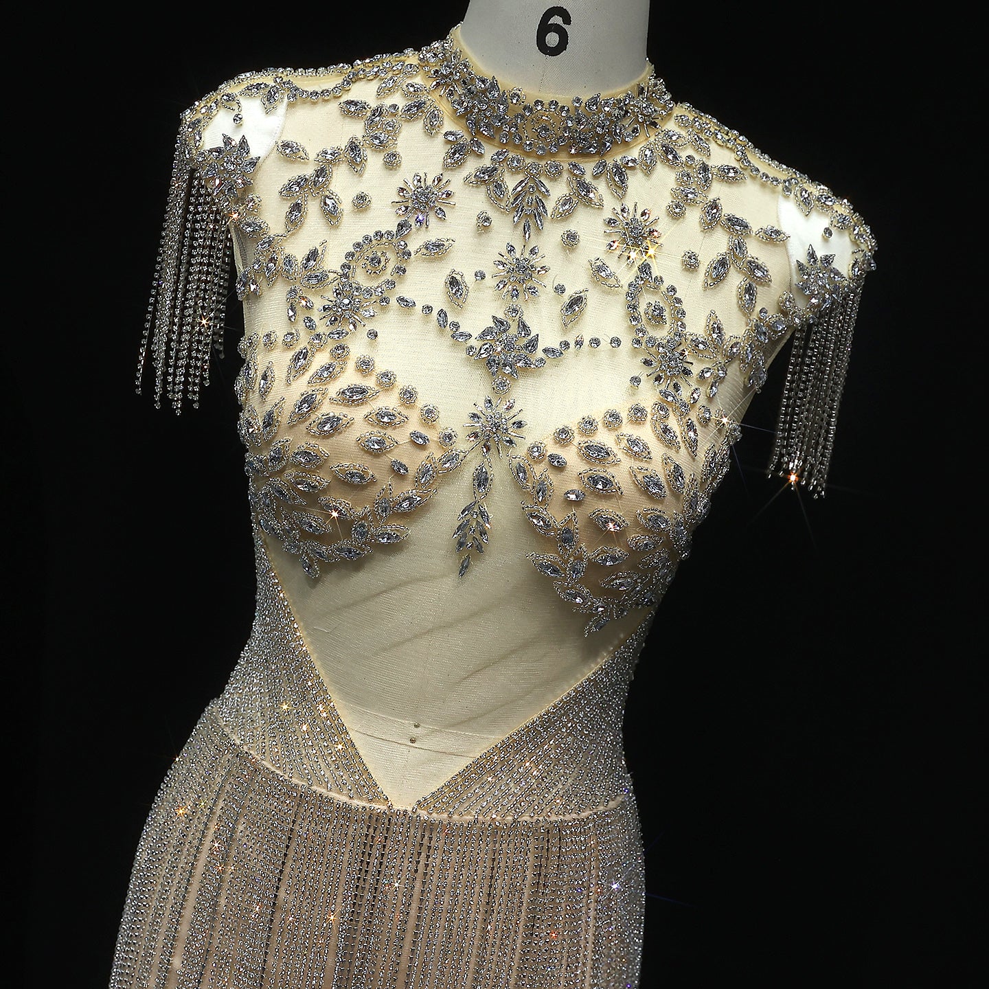 Sparkly Rhinestone Fringe High Neck Mini Party Gown RM008