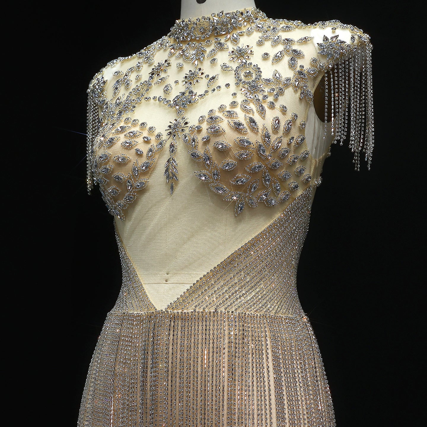 Sparkly Rhinestone Fringe High Neck Mini Party Gown RM008