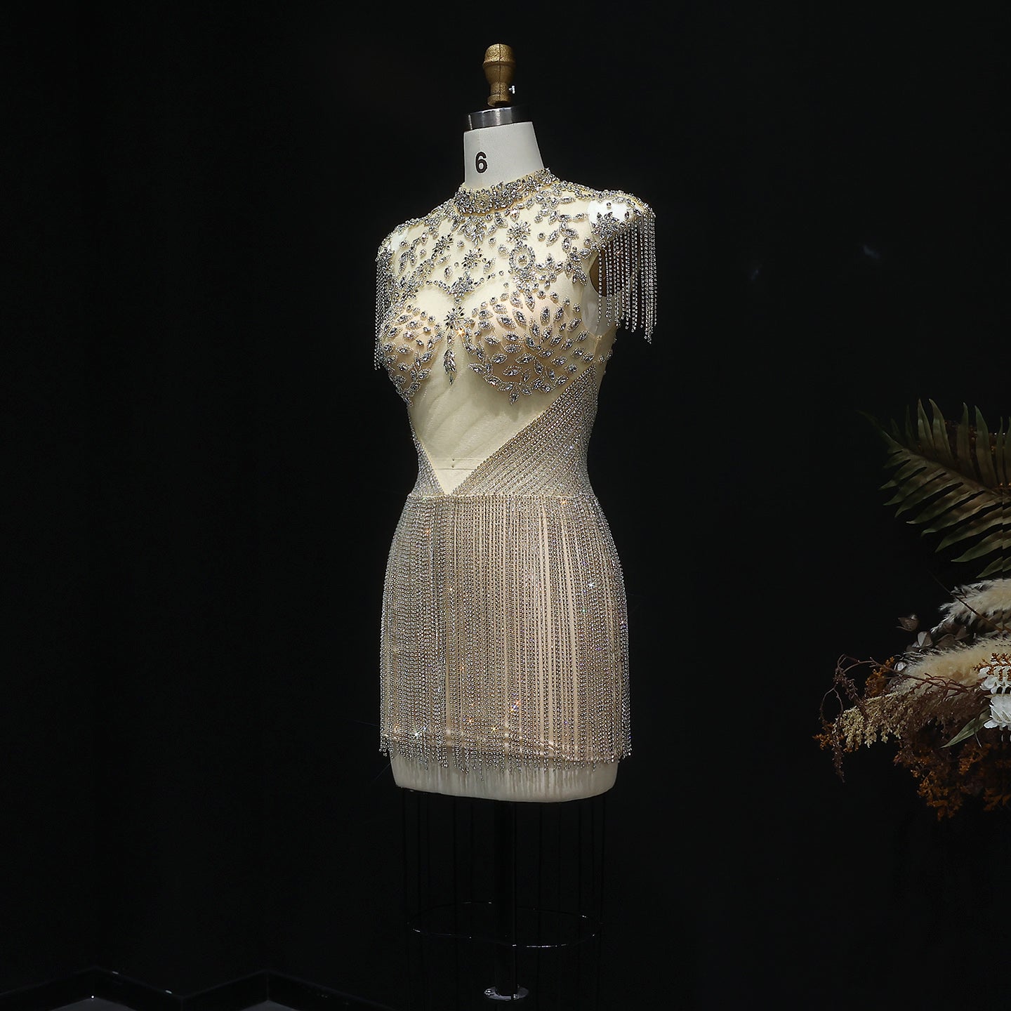 Sparkly Rhinestone Fringe High Neck Mini Party Gown RM008
