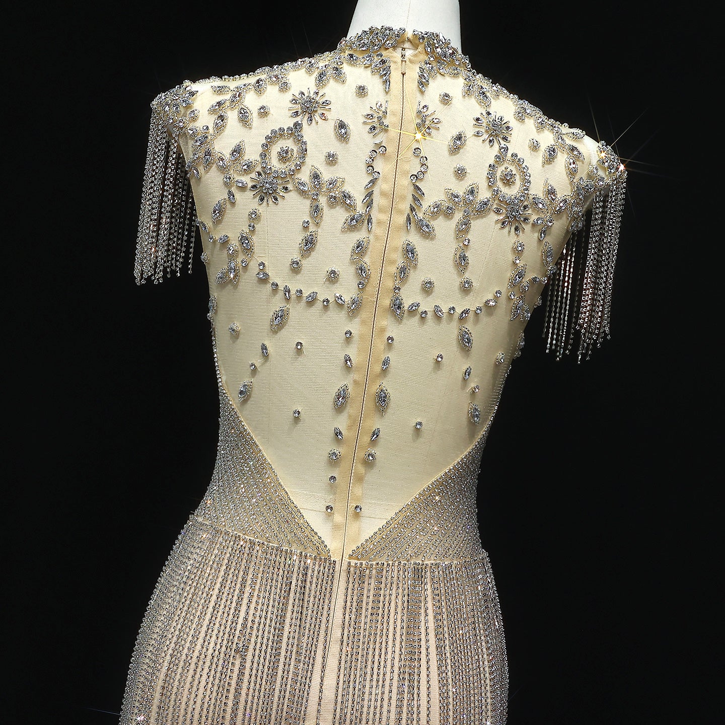 Sparkly Rhinestone Fringe High Neck Mini Party Gown RM008