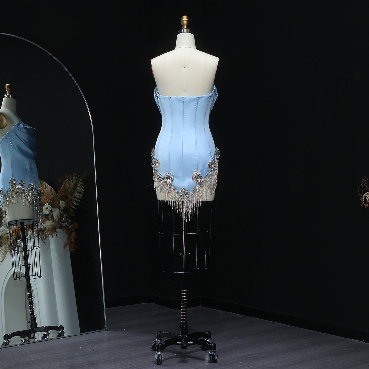 Glamorous Light Blue Satin Corset Mini Party Gown RM010