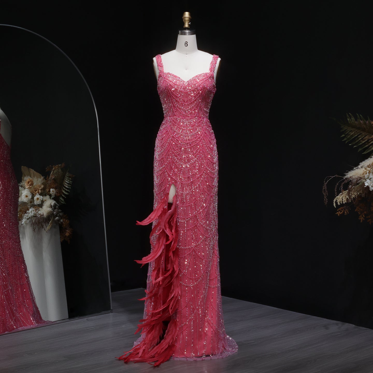 Luxury Hot Pink Feathers Mermaid Evening Dress with Slit SH579
