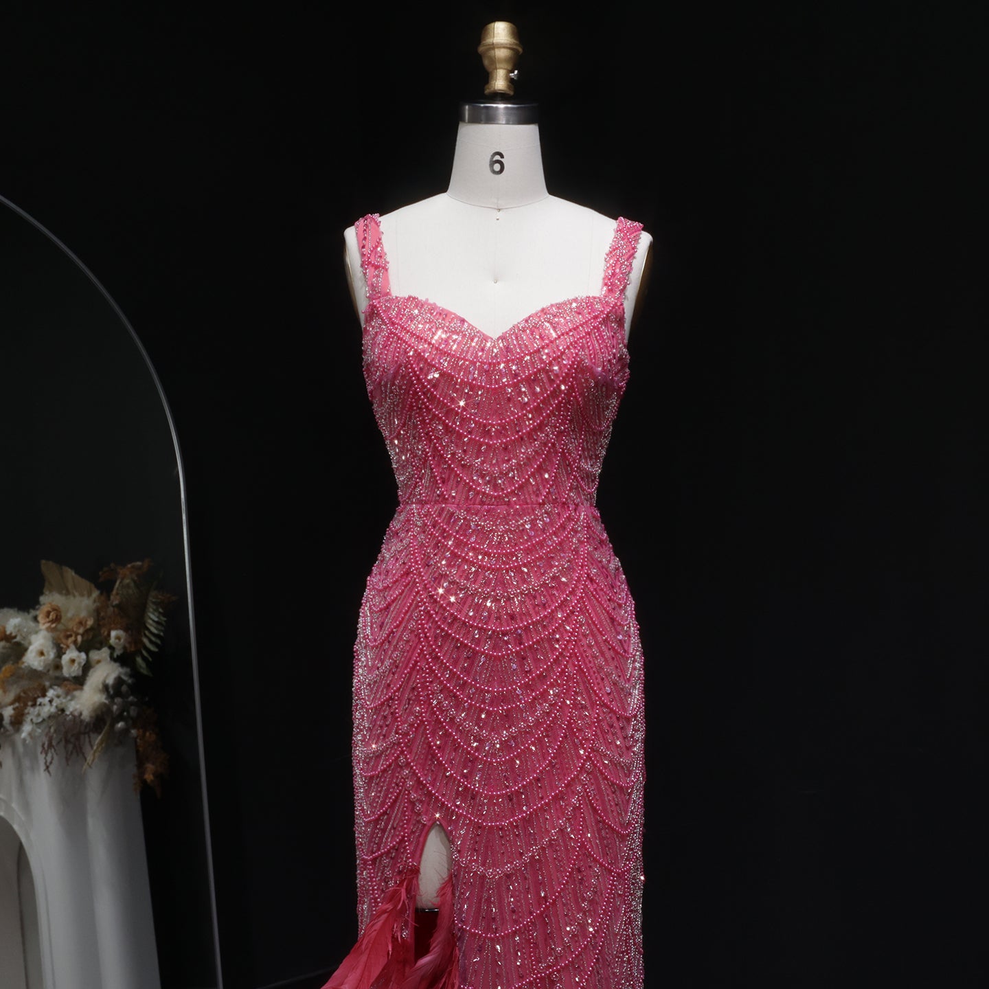 Luxury Hot Pink Feathers Mermaid Evening Dress with Slit SH579