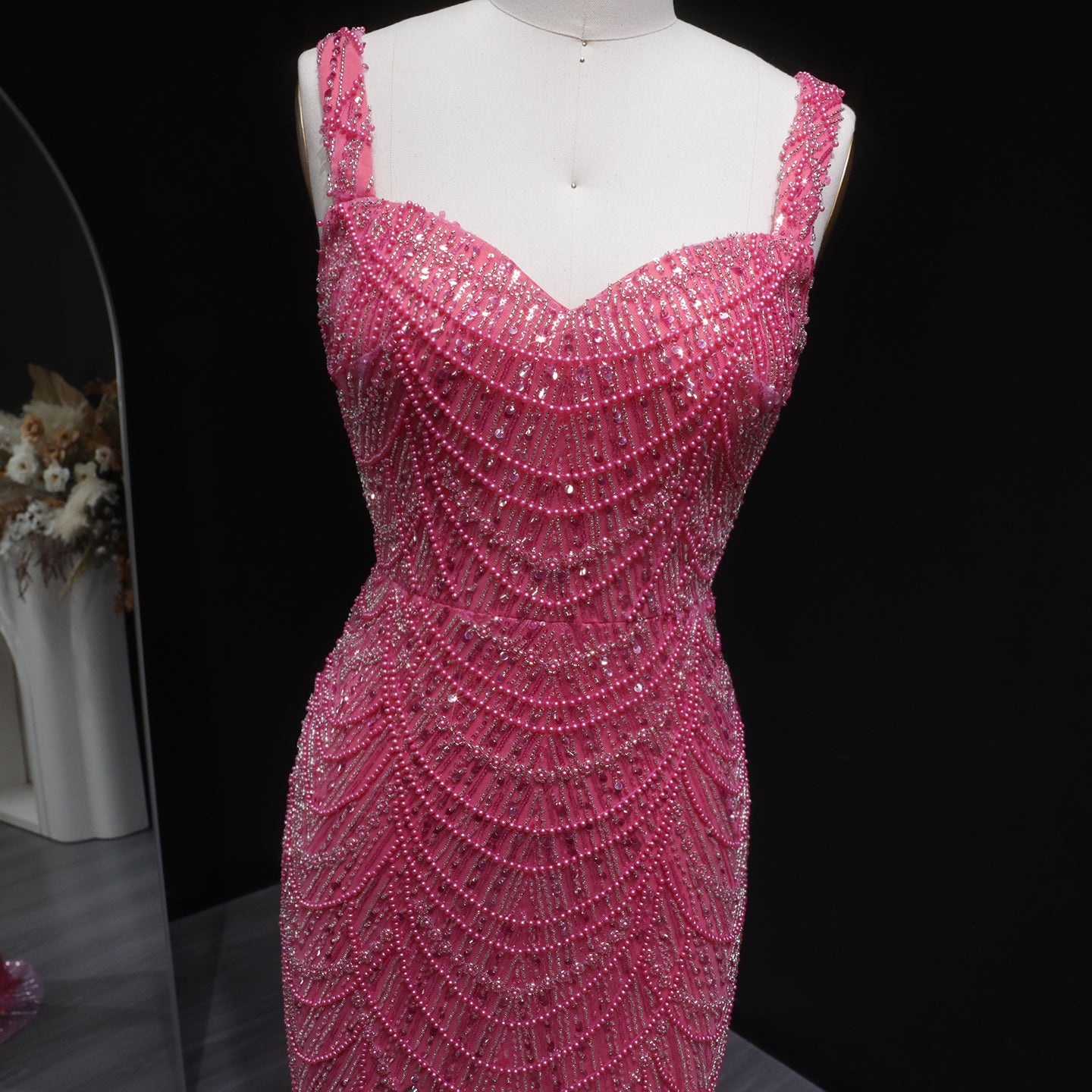 Luxury Hot Pink Feathers Mermaid Evening Dress with Slit SH579