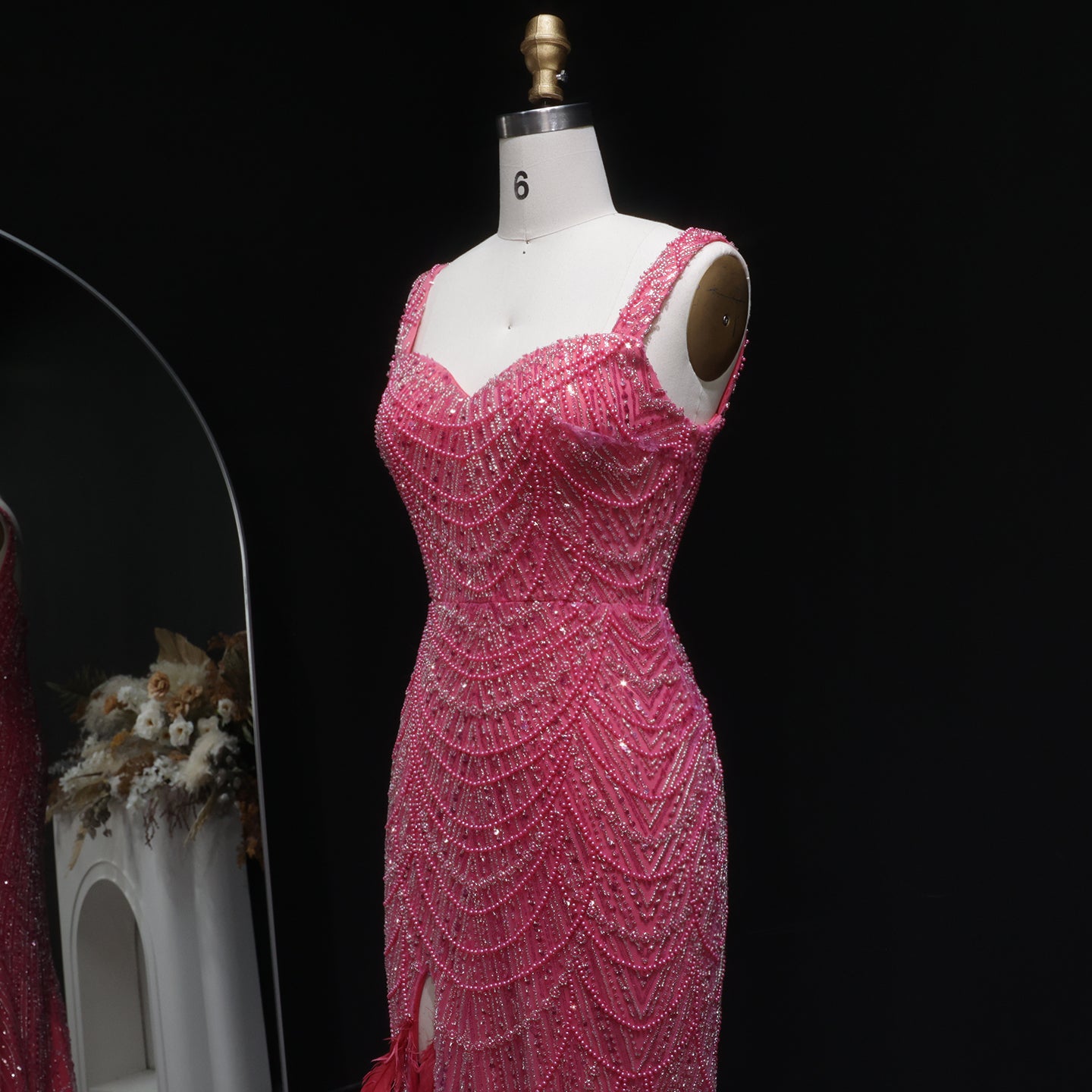 Luxury Hot Pink Feathers Mermaid Evening Dress with Slit SH579