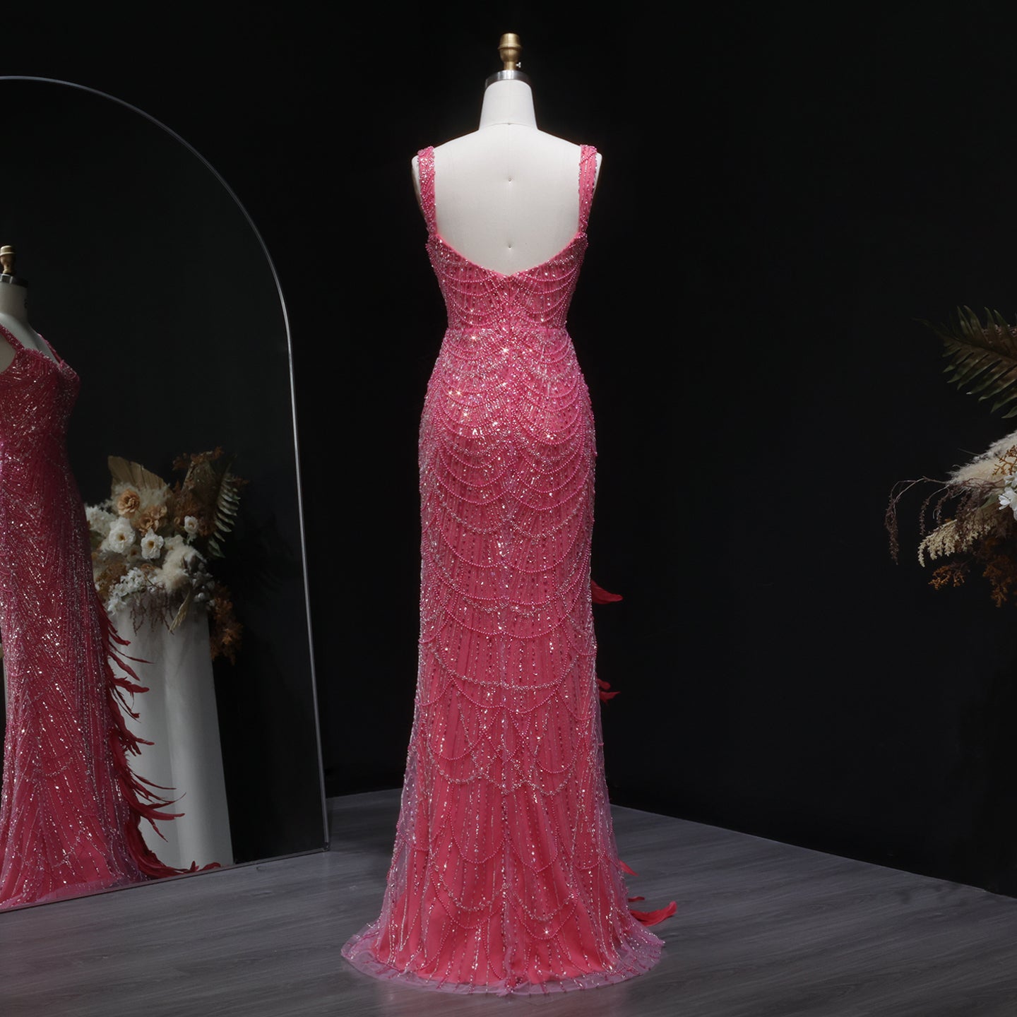 Luxury Hot Pink Feathers Mermaid Evening Dress with Slit SH579