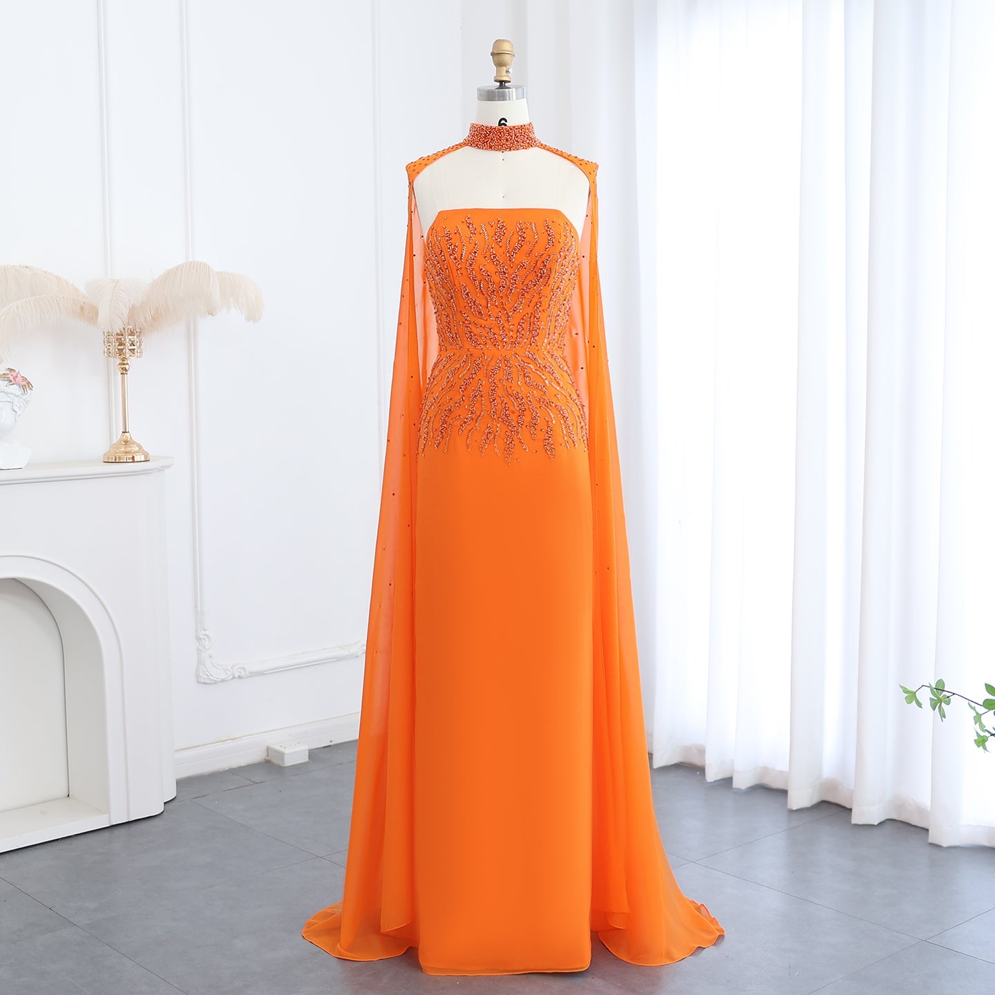 Luxury Orange Strapless Evening Dress with Cape Sleeves SS299