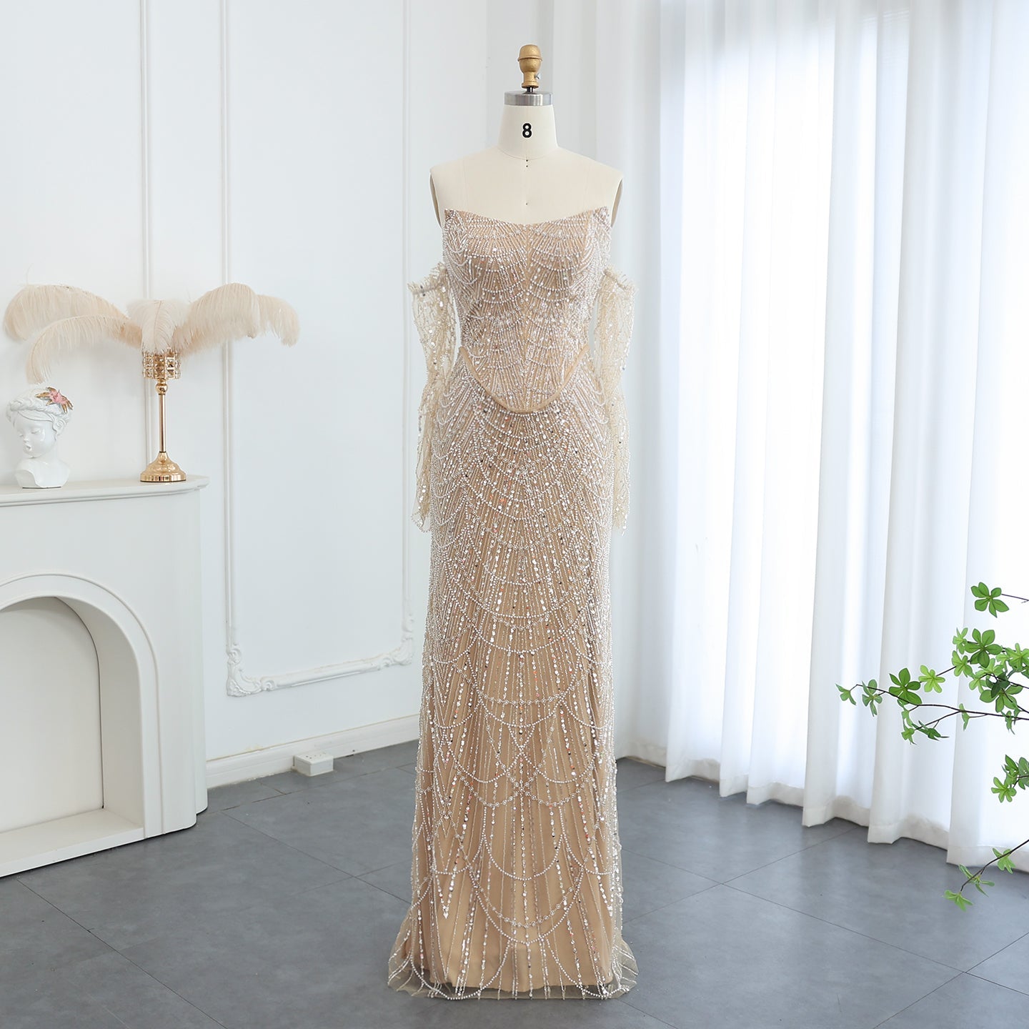 Luxury Beaded Black Strapless Evening Dress with Sleeves  SS685