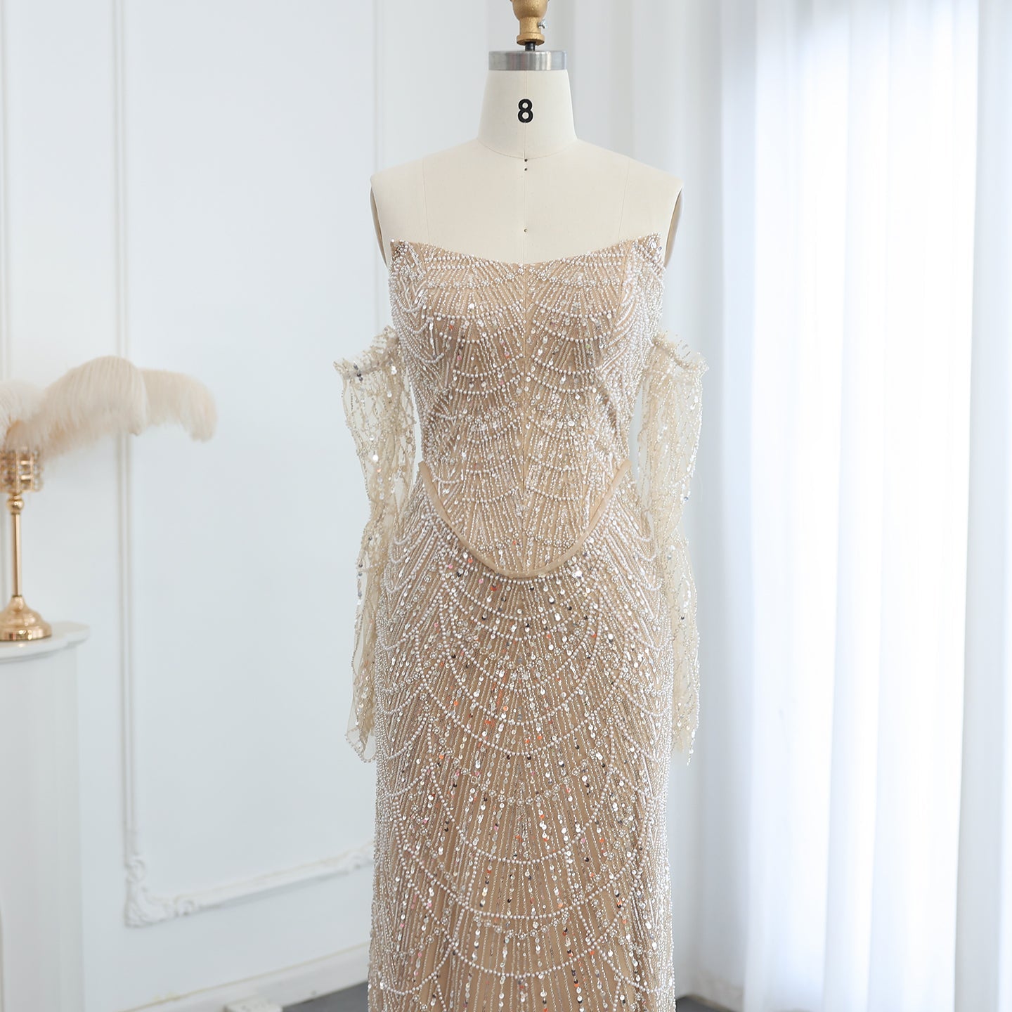 Luxury Beaded Black Strapless Evening Dress with Sleeves  SS685