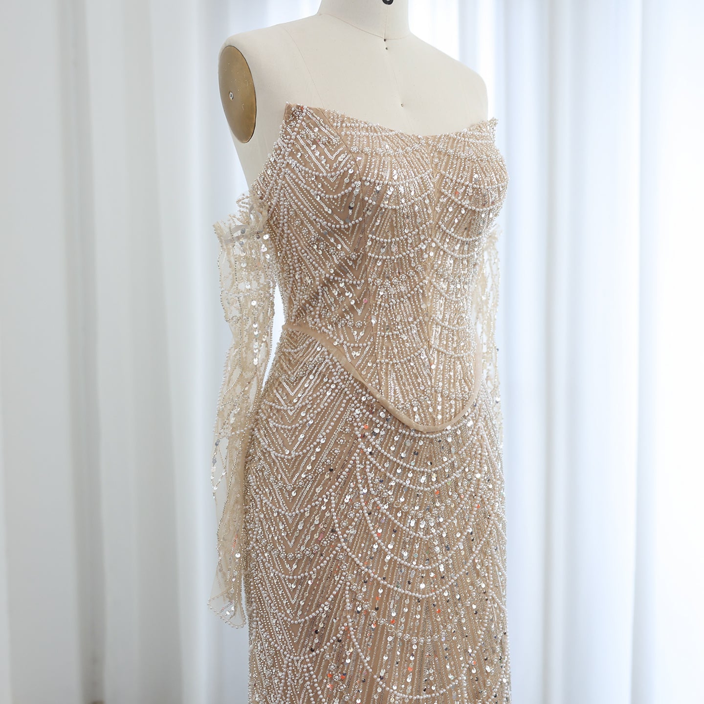 Luxury Beaded Black Strapless Evening Dress with Sleeves  SS685