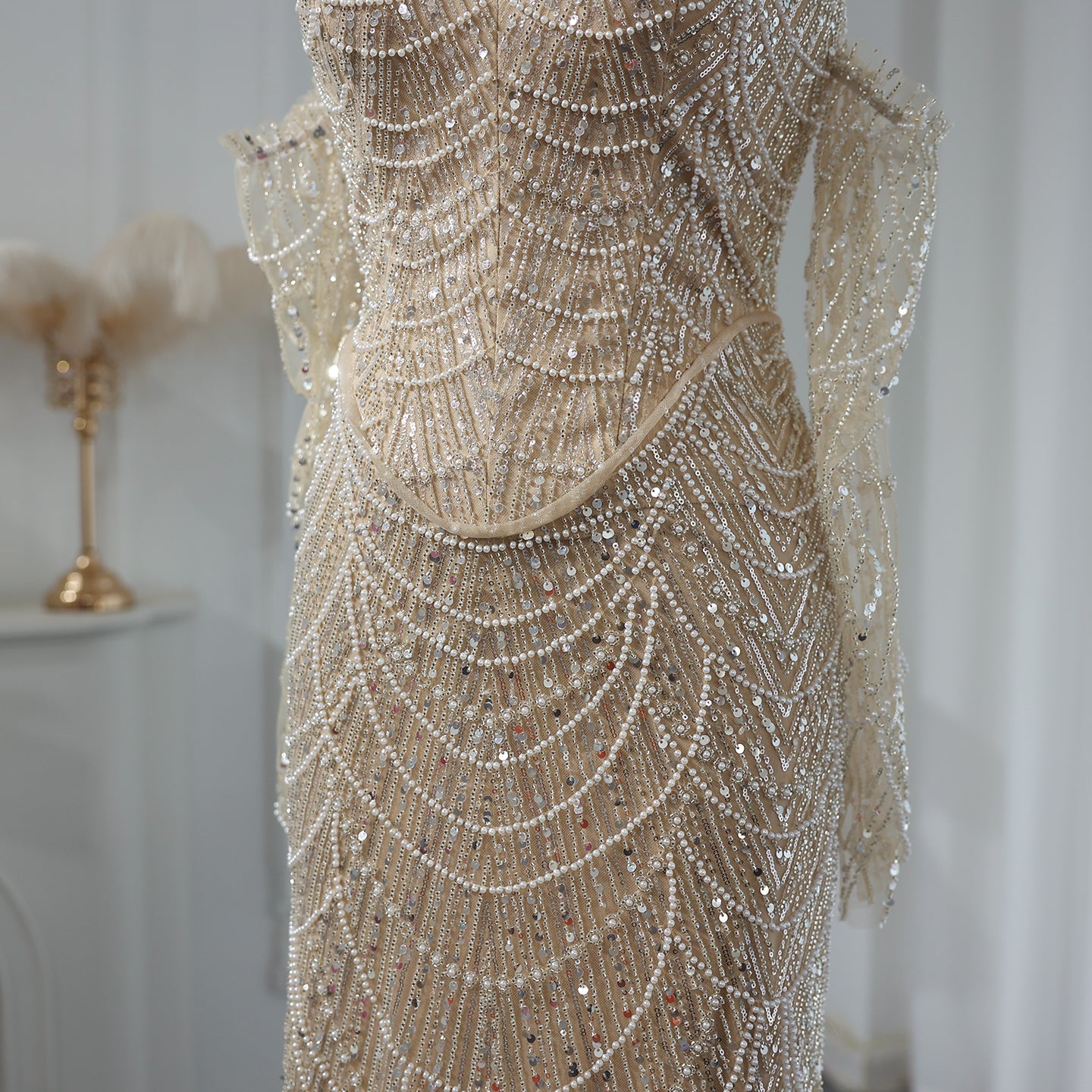 Luxury Beaded Black Strapless Evening Dress with Sleeves  SS685