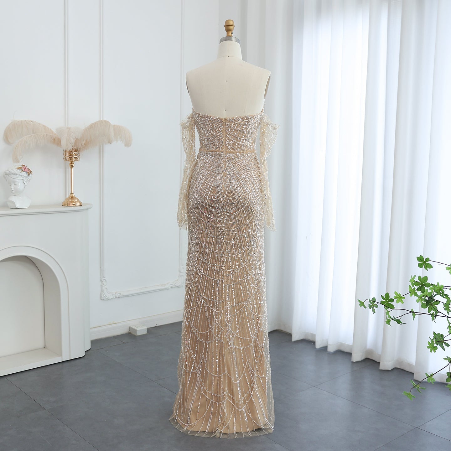 Luxury Beaded Black Strapless Evening Dress with Sleeves  SS685