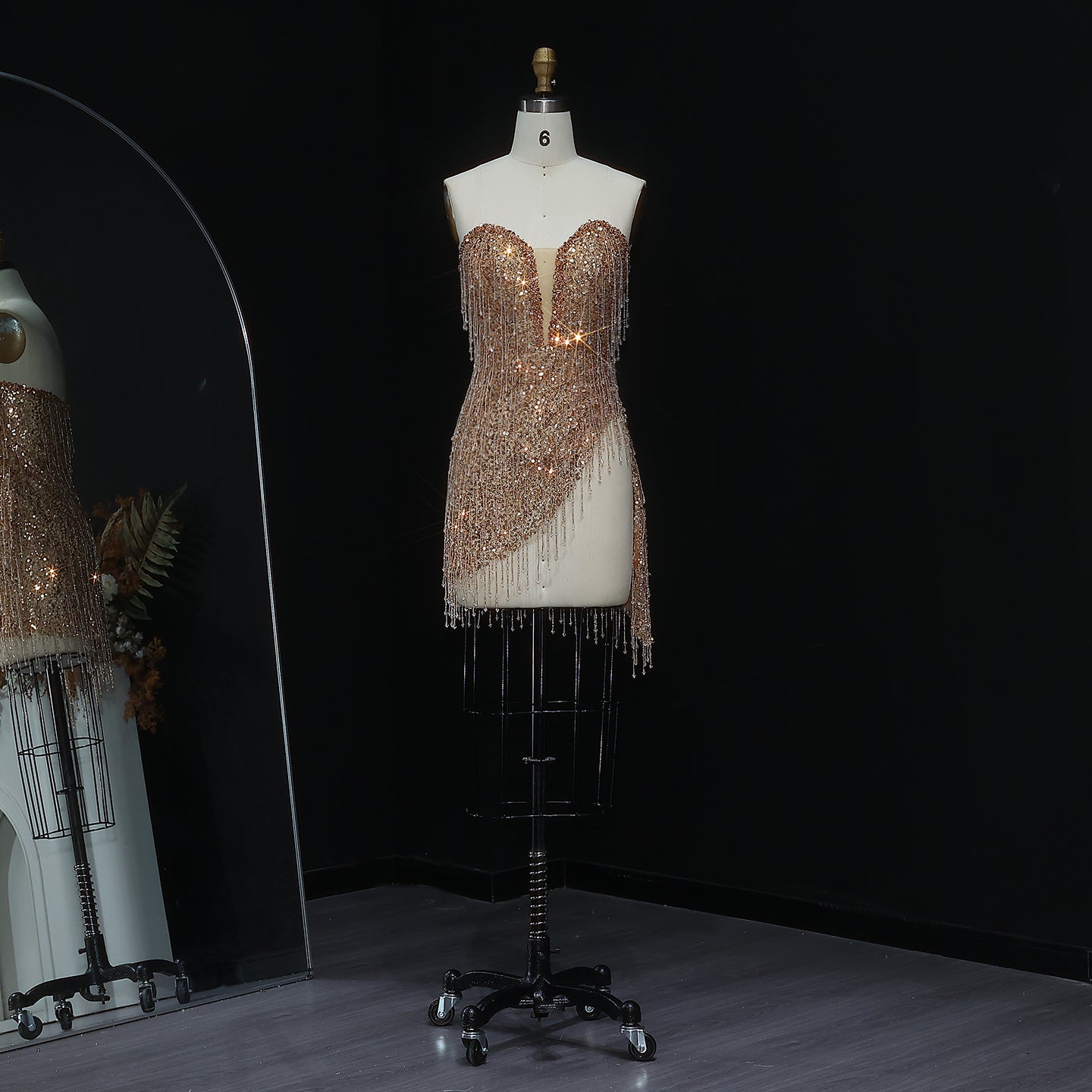 Unique Champagne Fringe Plunging Mini Party Gown RM044