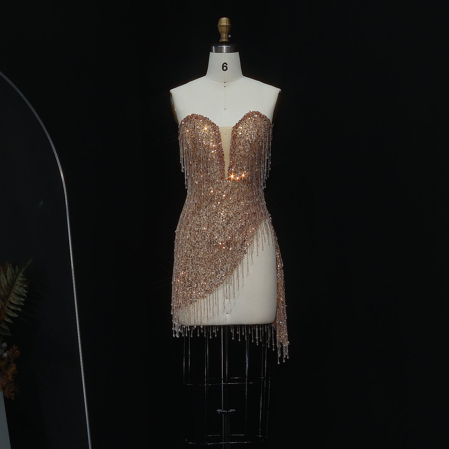 Unique Champagne Fringe Plunging Mini Party Gown RM044