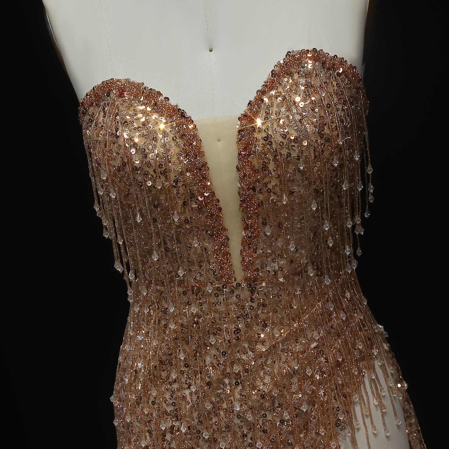 Unique Champagne Fringe Plunging Mini Party Gown RM044