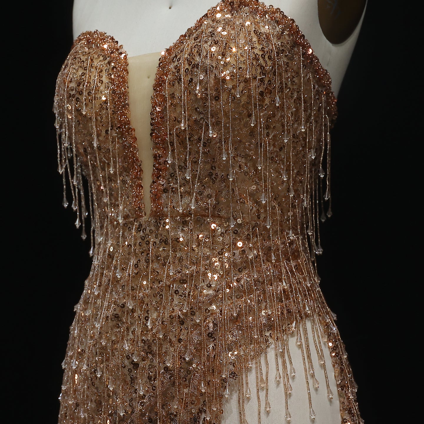 Unique Champagne Fringe Plunging Mini Party Gown RM044