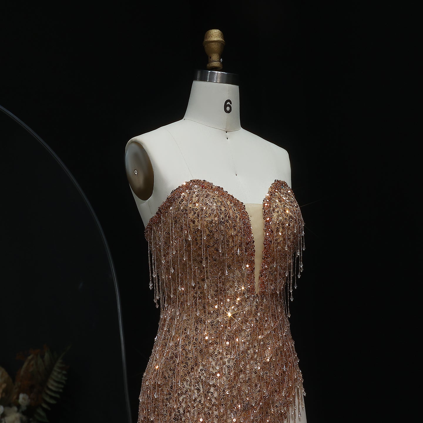 Unique Champagne Fringe Plunging Mini Party Gown RM044