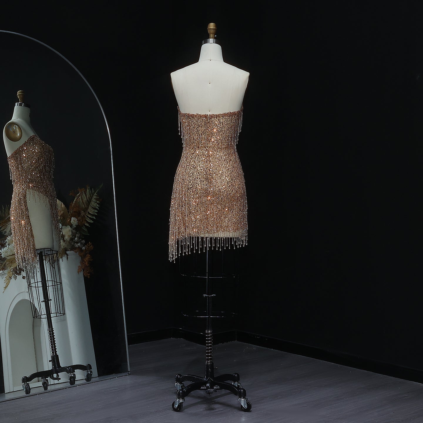 Unique Champagne Fringe Plunging Mini Party Gown RM044