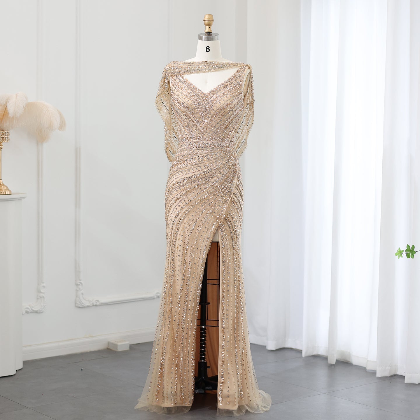 Luxury Beaded Silver Slit Mermaid Evening Dress with Cape SS035