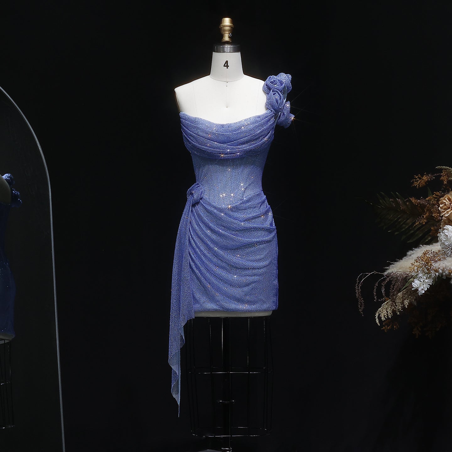 Sparkly Light Blue Sequined One Shoulder Mini Cocktail Party Gown RM122