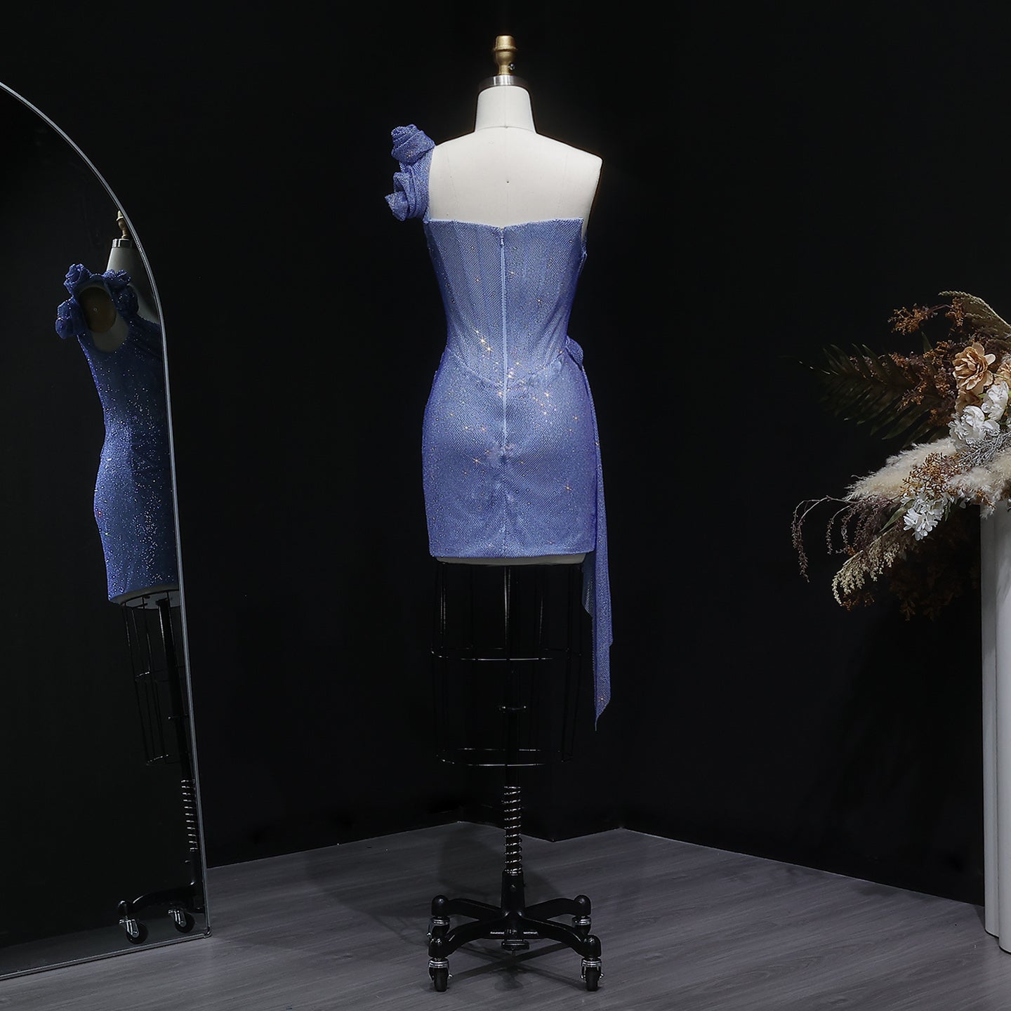 Sparkly Light Blue Sequined One Shoulder Mini Cocktail Party Gown RM122