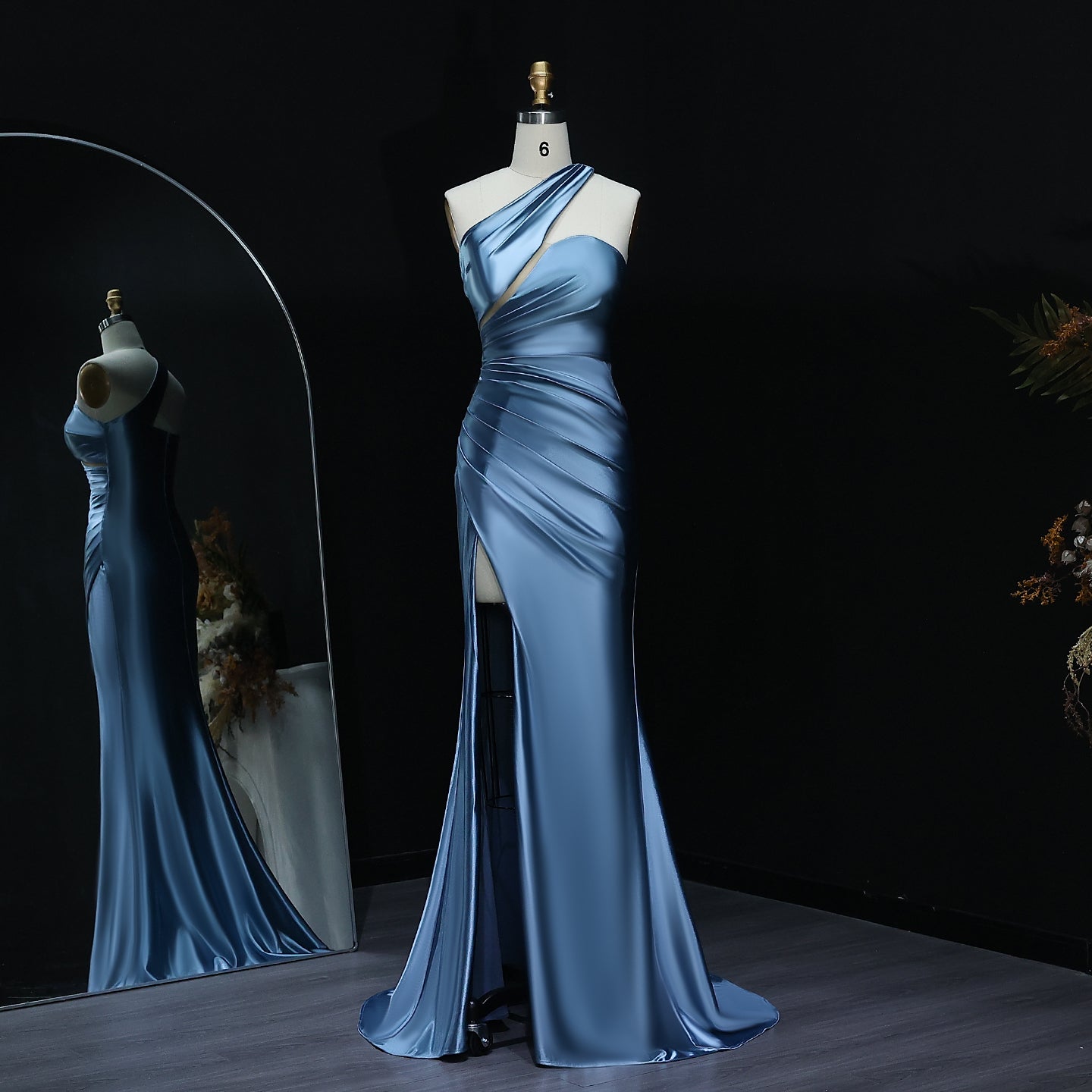 Elegant One-Shoulder Blue Satin Evening Gown with High Slit Long Mermaid Prom Dresses