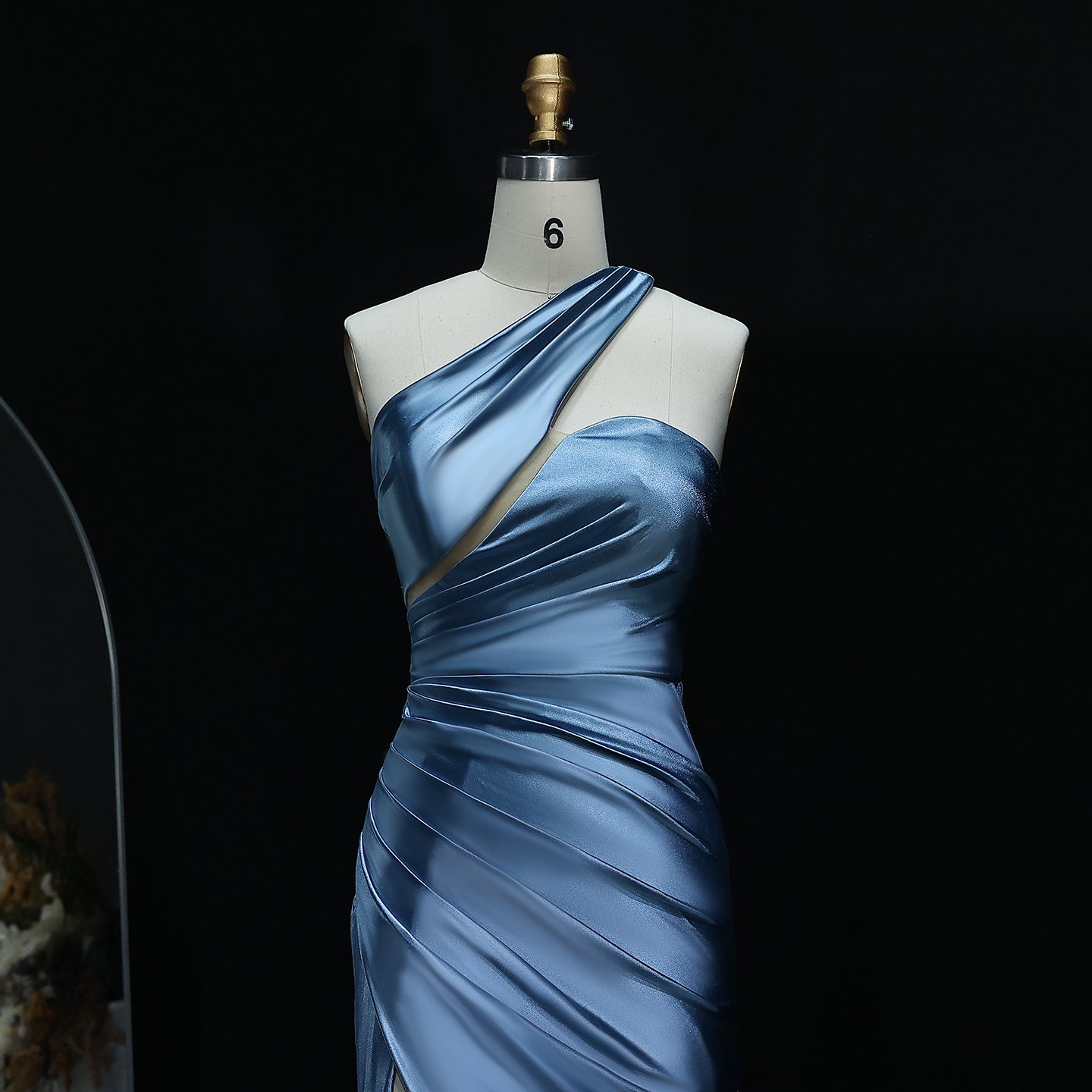 Elegant One-Shoulder Blue Satin Evening Gown with High Slit Long Mermaid Prom Dresses