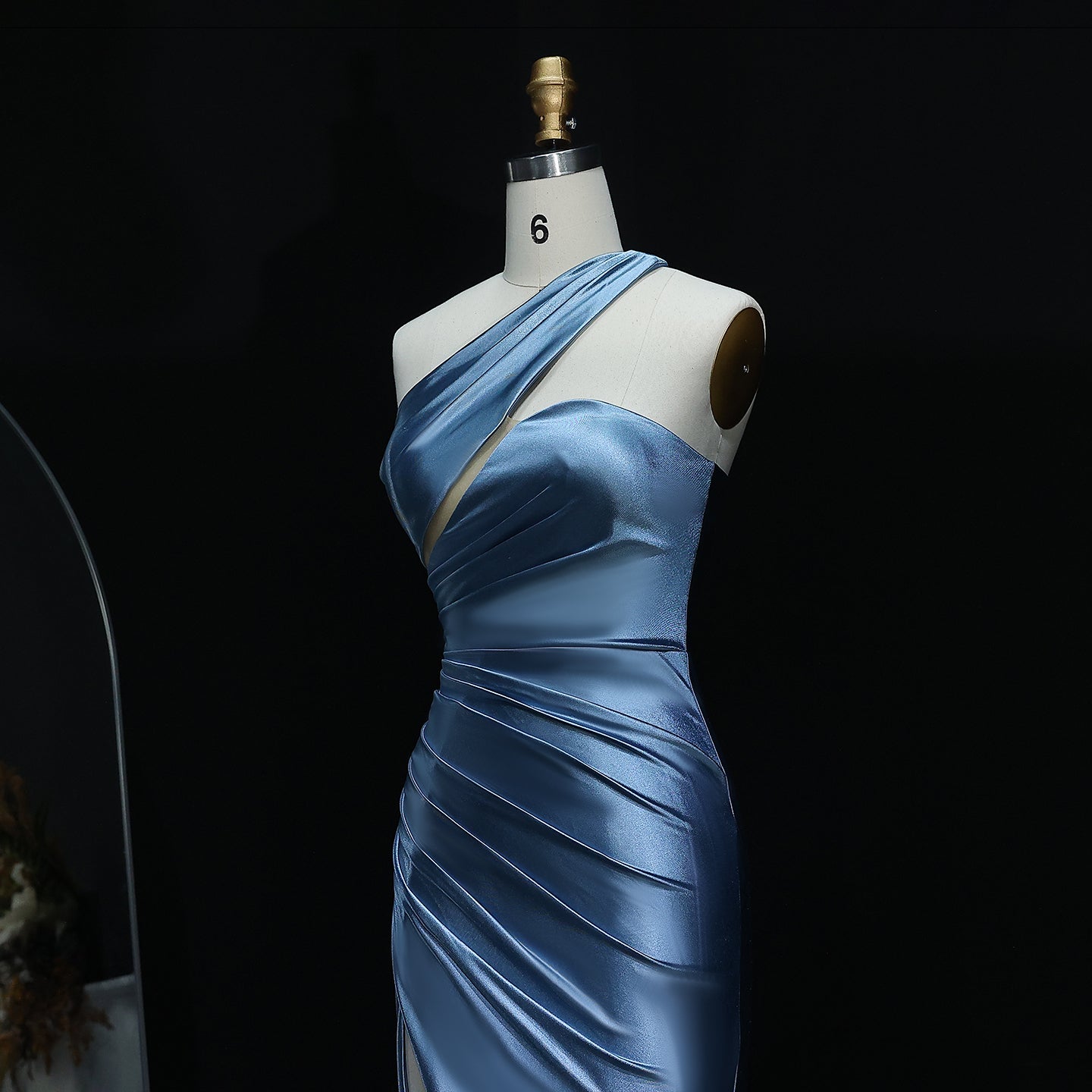 Elegant One-Shoulder Blue Satin Evening Gown with High Slit Long Mermaid Prom Dresses