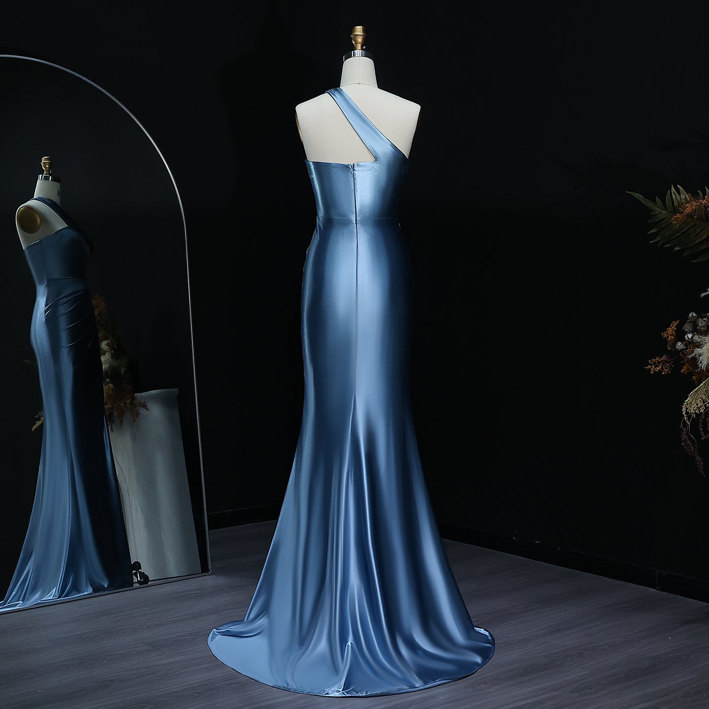 Elegant One-Shoulder Blue Satin Evening Gown with High Slit Long Mermaid Prom Dresses