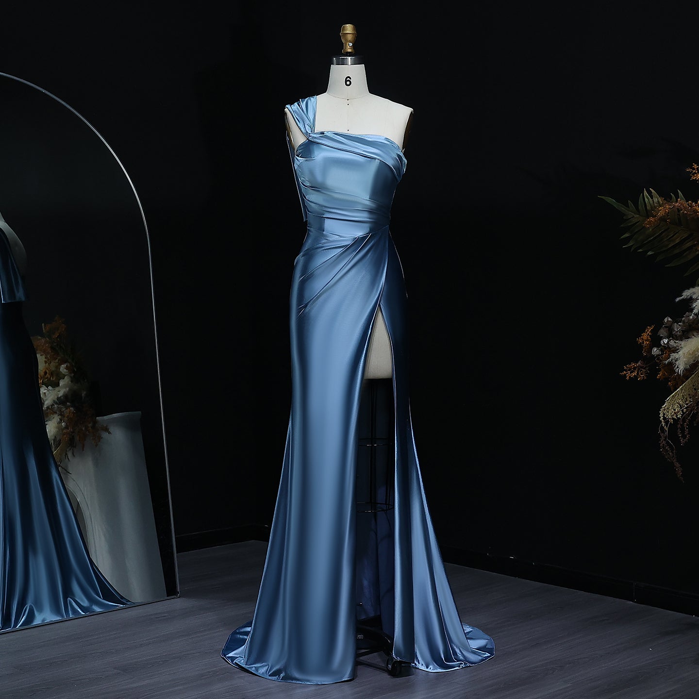 Stunning One-Shoulder Satin Blue Mermaid Prom Dresses with Side Slit