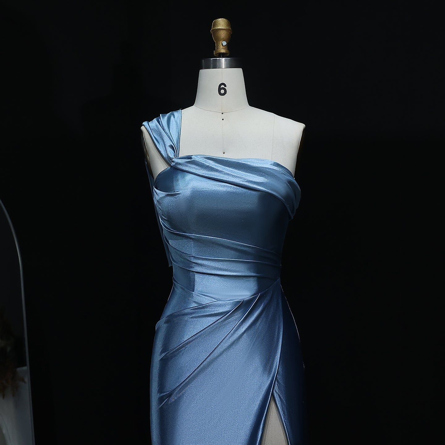 Stunning One-Shoulder Satin Blue Mermaid Prom Dresses with Side Slit