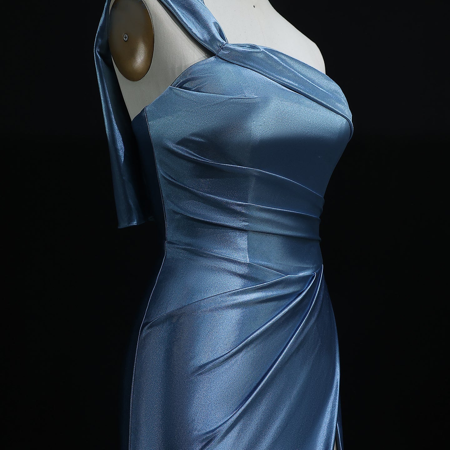 Stunning One-Shoulder Satin Blue Mermaid Prom Dresses with Side Slit